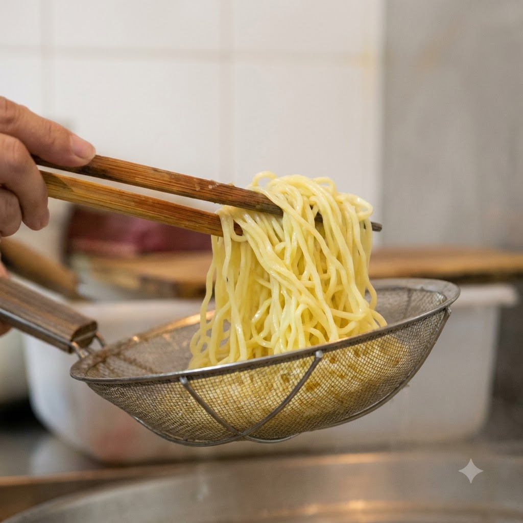 金属製のざるにあげられた茹で上がりの麺を、木製の箸を持ちながら冷水で洗い流している様子。