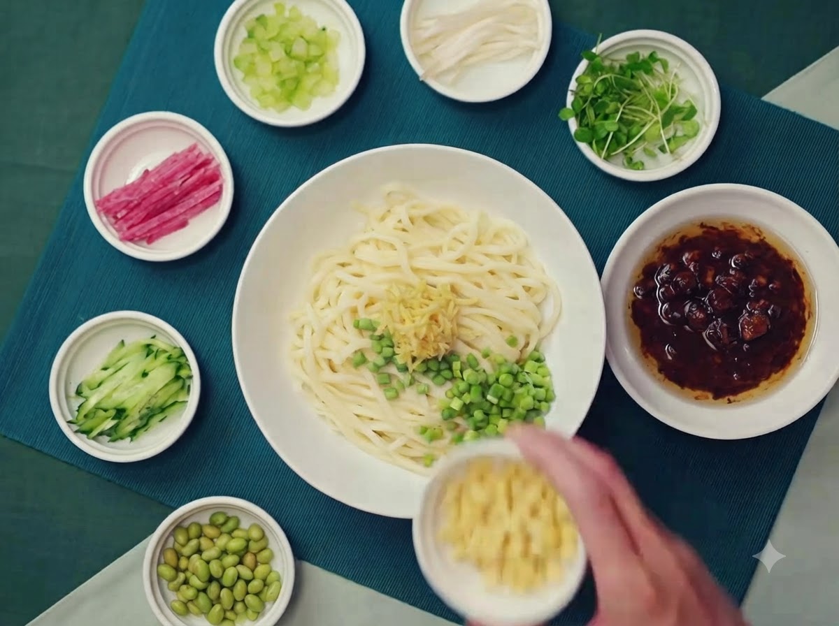 プレーンな麺が入った大きなボウルの周囲に、千切りキュウリやもやしなどが入った小さな小鉢が綺麗に並べられている様子。
