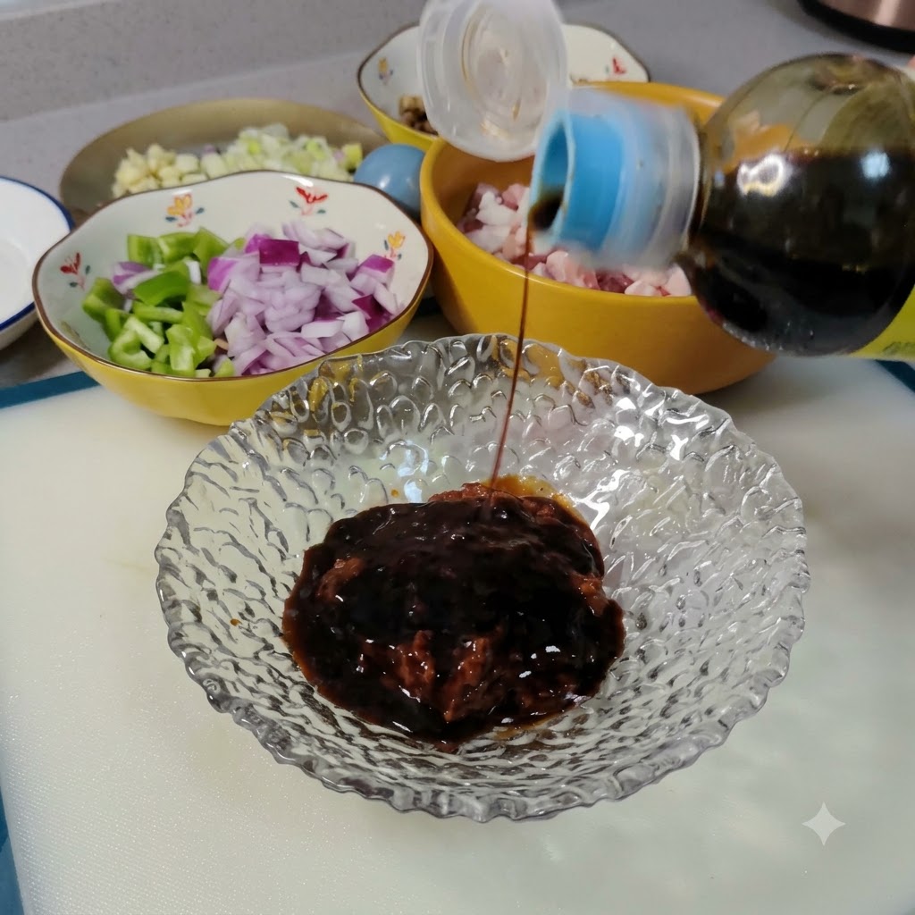 黄豆醤が入ったガラスのボウルに、プラスチックボトルから濃い色の液体調味料を注いでいるところ。