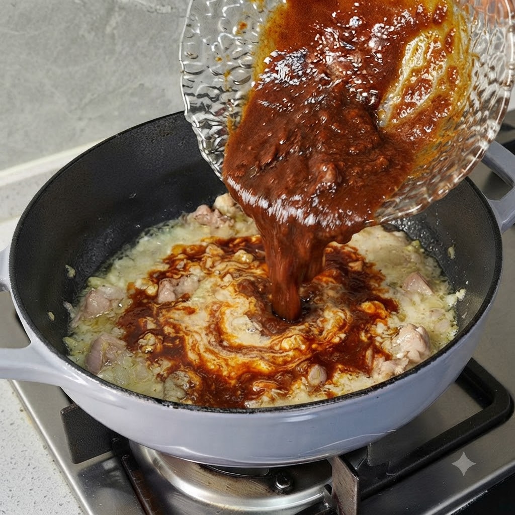 ガラスボウルから、炒めた豚肉と香味野菜の入ったフライパンに濃厚な茶色のソースが注がれているところ。