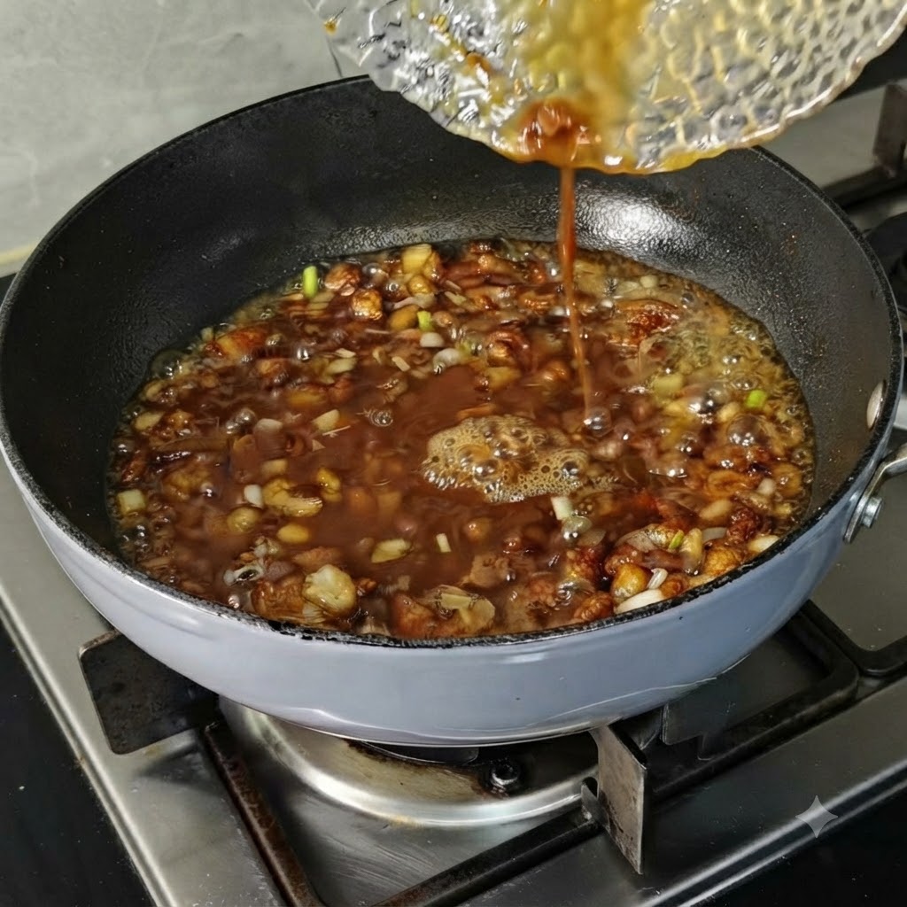 スキレットの中で泡立つ肉味噌の中に、小さな透明なボウルから水が注がれているところ。