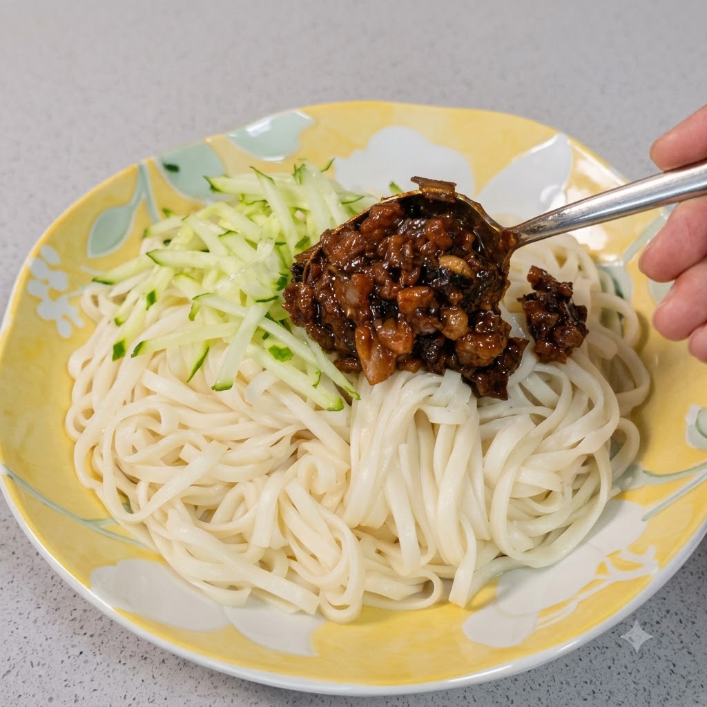 金属のスプーンですくった濃い色の美味しそうな肉味噌を、麺と千切りのきゅうりの上にかけようとしているところ。