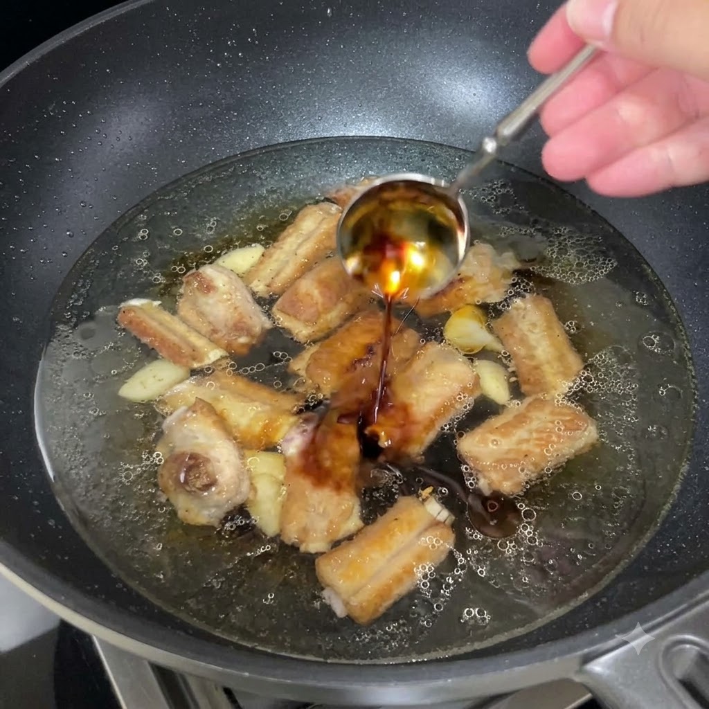 煮立っているフライパンにスプーン一杯の黒酢が注がれているところ。