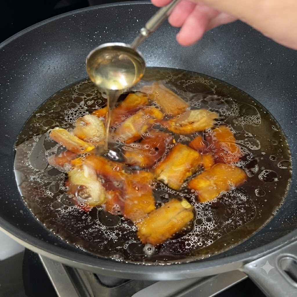 ダークな煮汁で煮込まれるスペアリブの中華鍋に、スプーンですくった蜂蜜を入れている様子。