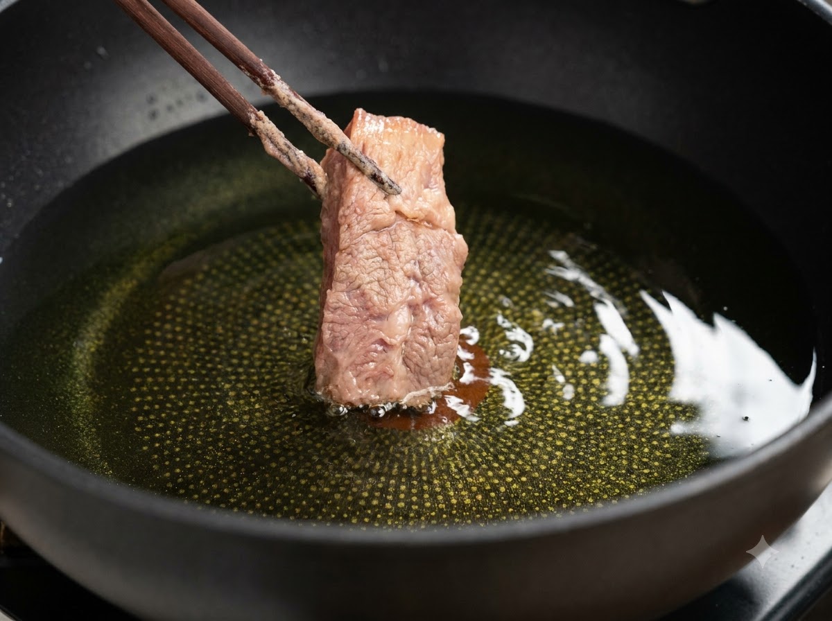 箸を使って、衣をまとったポークリブのピースを熱した油に静かに落とし込んでいるところ。