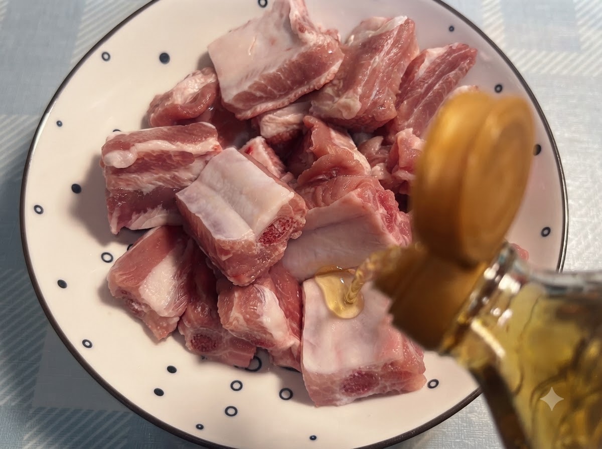 模様の入った皿に並べられた生の豚リブに、ボトルから料理酒が注がれている様子。