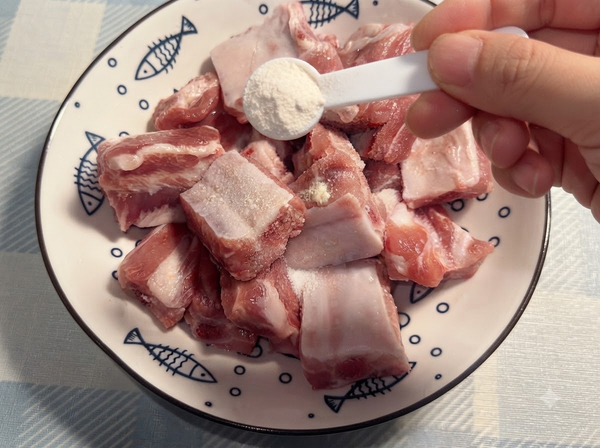 手で持った小さな白いスプーンを使い、ポークリブの上にこしょうが均等に振りかけられている様子。