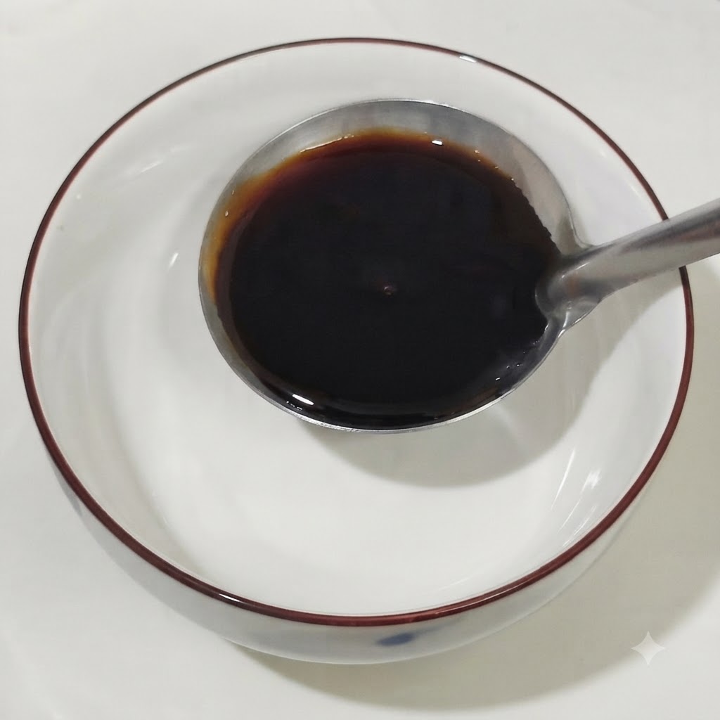 スプーンを使い、薄口醤油、オイスターソース、蜂蜜、料理酒、濃口醤油、トマトケチャップをボウルで混ぜ合わせる様子。
