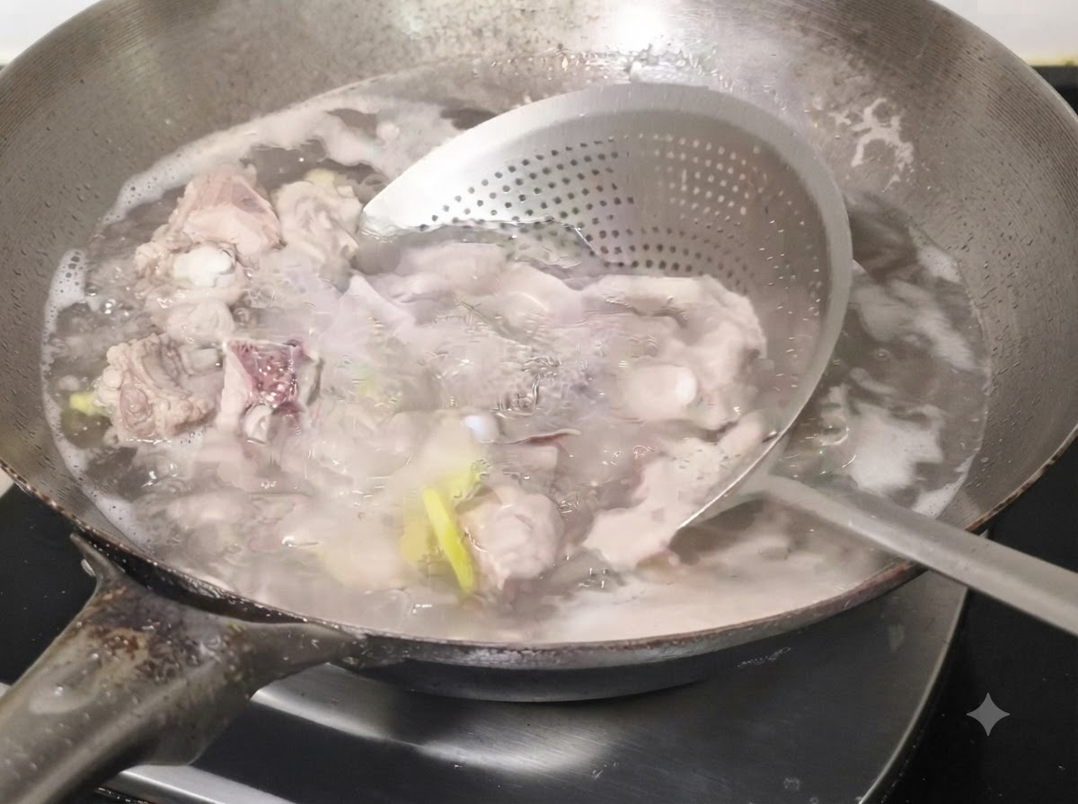ザルを使って茹で上がった豚スペアリブを取り出し、水洗いしている様子。