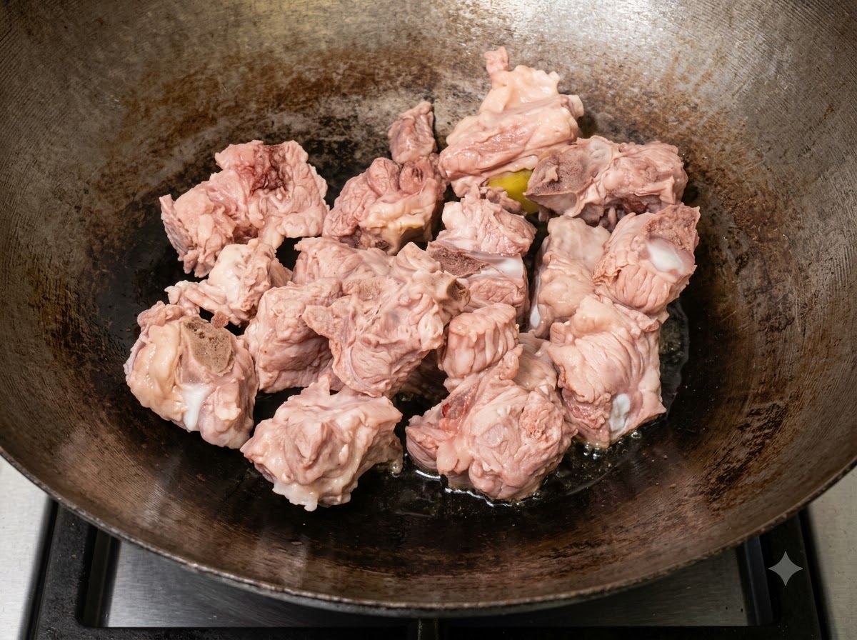 中華鍋の熱した油の中で、表面がきつね色になるまで焼き付けられる豚スペアリブ。