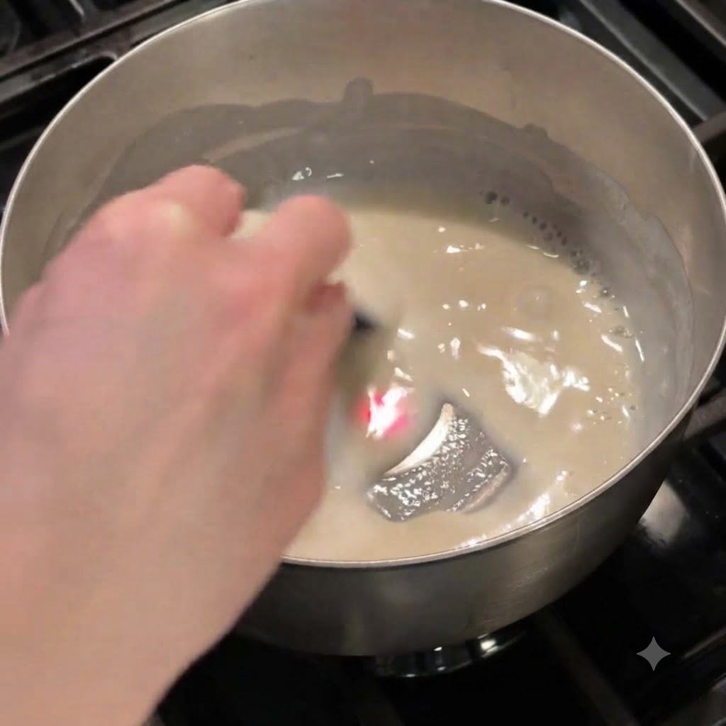 小さめの鍋でなめらかにとろみがつくまで泡立て器で混ぜられている湯種ベース。