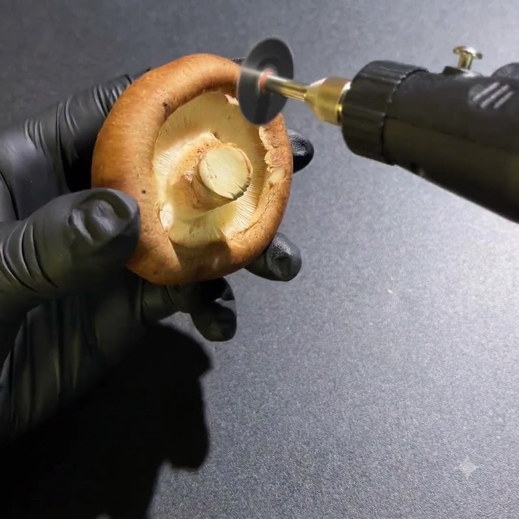 手袋を着用した手がロータリーツールを使って新鮮なキノコの底の軸を切り落としている様子。
