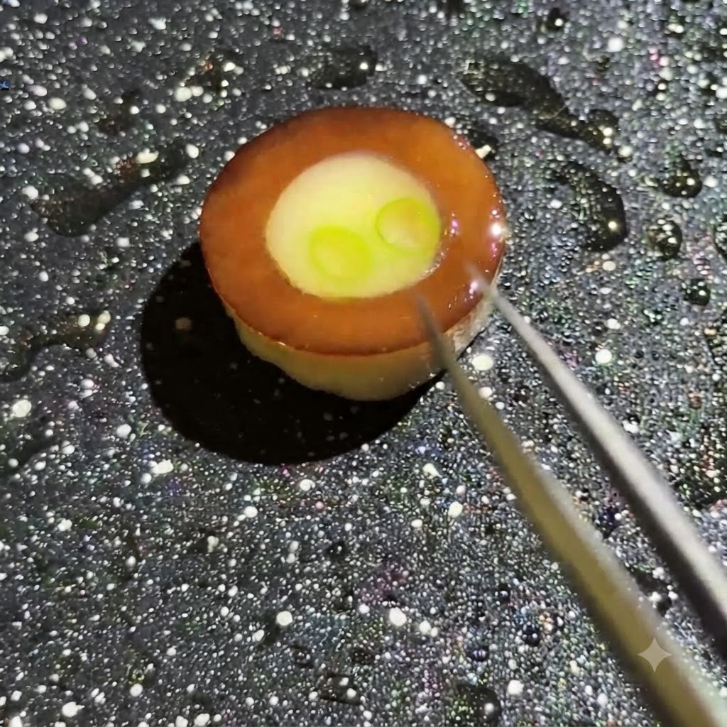 ピンセットを使って、フライパン内のキノコリング内の卵液の上に小さく切った緑色の万能ねぎの細切りを細心の注意を払って配置しているクローズアップ画像。