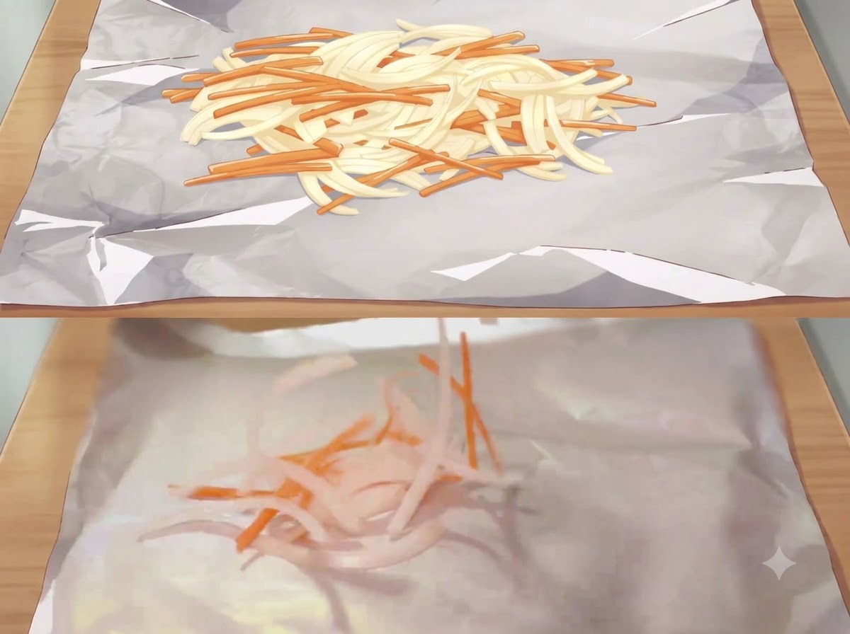 光沢のあるアルミホイルの上に、薄切りにした白い玉ねぎとオレンジ色のニンジンが散りばめられている様子。