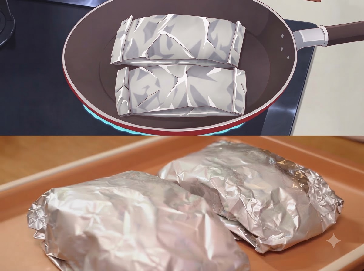 暗い色の調理鍋の中とベーキングトレイの上に置かれた、密封されたアルミホイルの包み。