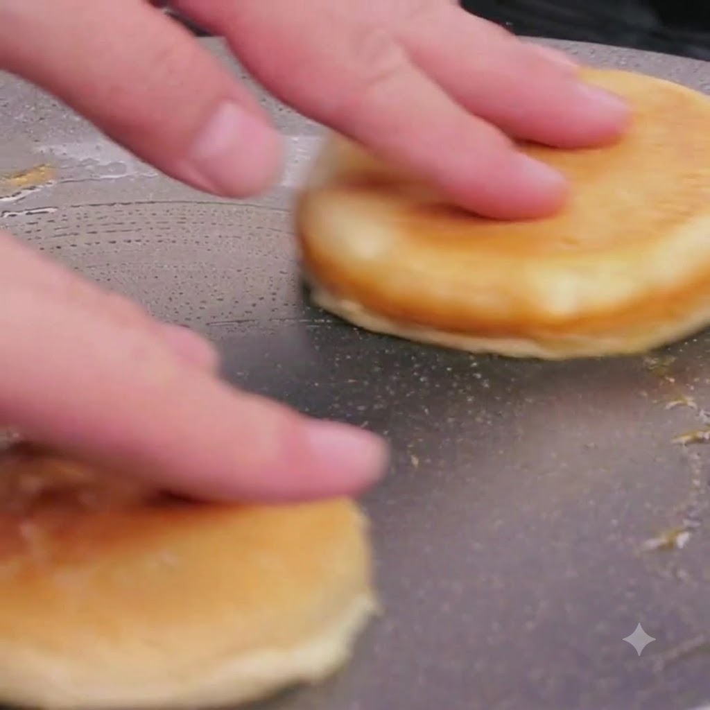 ハンバーガーバンズの断面を下にして、弱火でフライパンの旨味オイルを吸わせながらトーストしている様子。