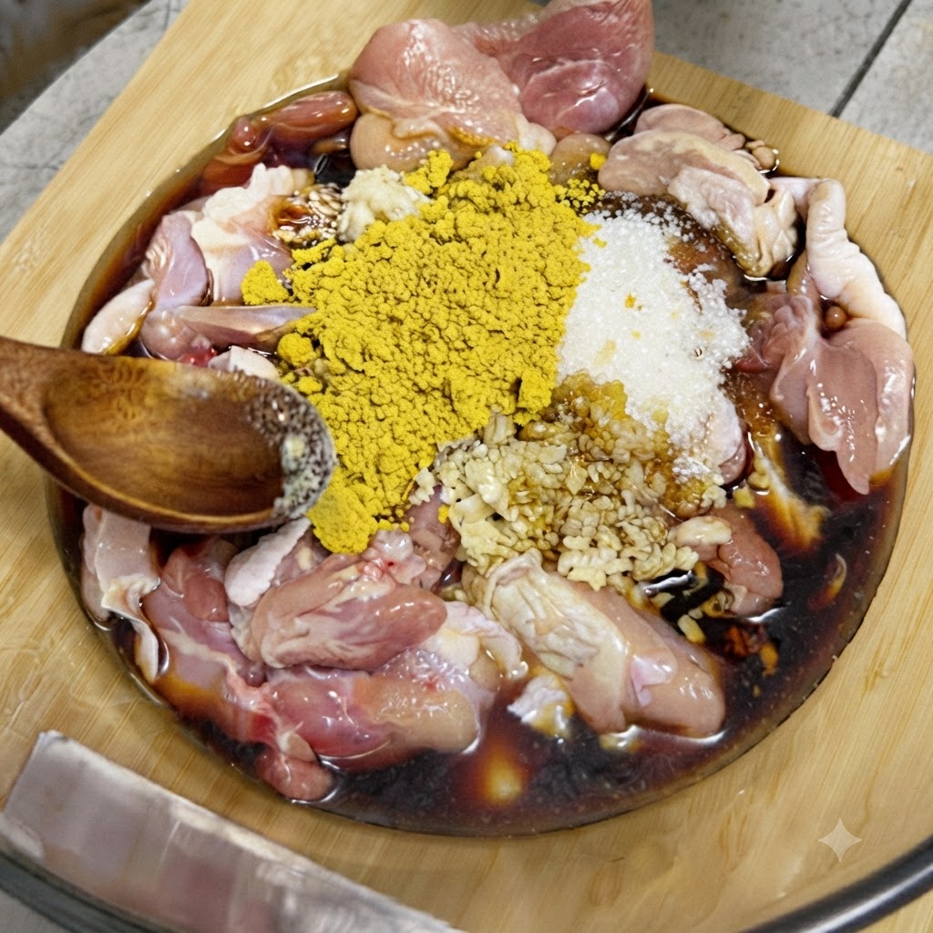 ガラスボウルに入った生の鶏肉と調味料の上に、イエローカレーパウダーとにんにくのみじん切りが乗っている様子。