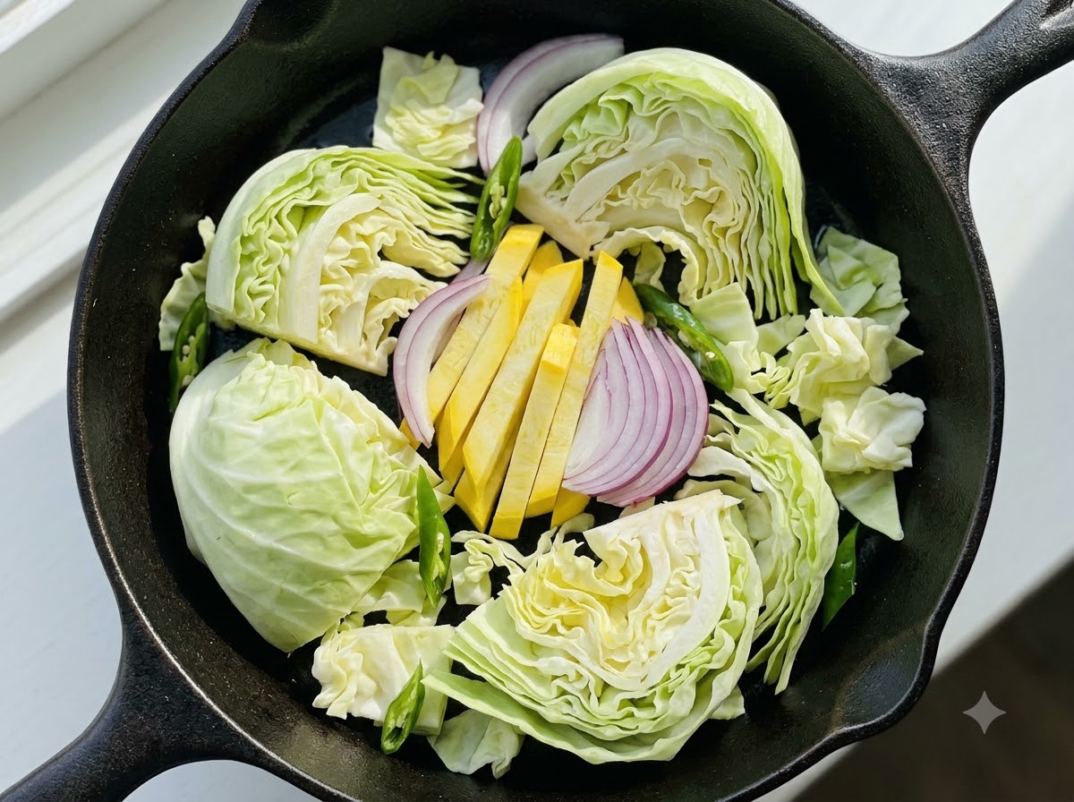 鋳鉄製のフライパンに、新しく切ったキャベツ、スライスした赤玉ねぎ、長ねぎ、黄色のさつまいもスティックが並べられている様子。