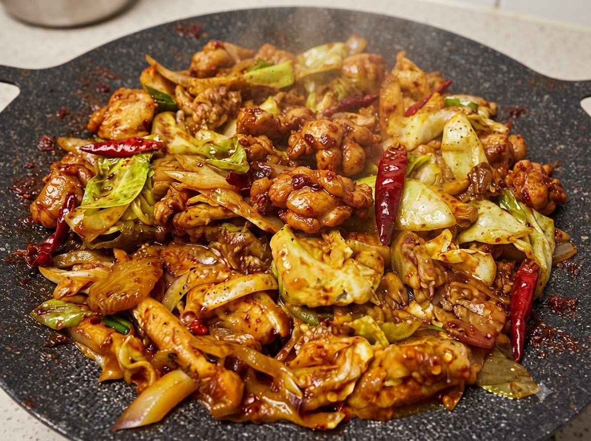 赤いソースでツヤツヤと輝く、鶏肉の切り身、キャベツ、乾燥赤唐辛子が入った大きなフライパン。