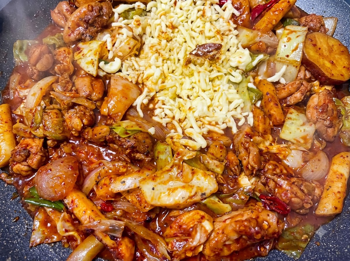 ぐつぐつと煮えるピリ辛な鶏肉炒めの真ん中に作られた開けたスペースに、シュレッドモッツァレラチーズが注ぎ入れられている様子。