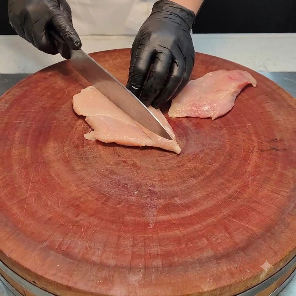 丸い木製カッティングボードの上で、包丁を使って鶏むね肉を慎重に切り開いている様子。