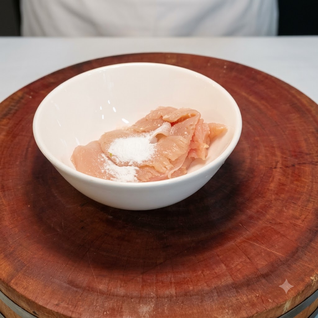 白いボウルに入った鶏肉に、計量した塩と料理酒を振りかけている様子。
