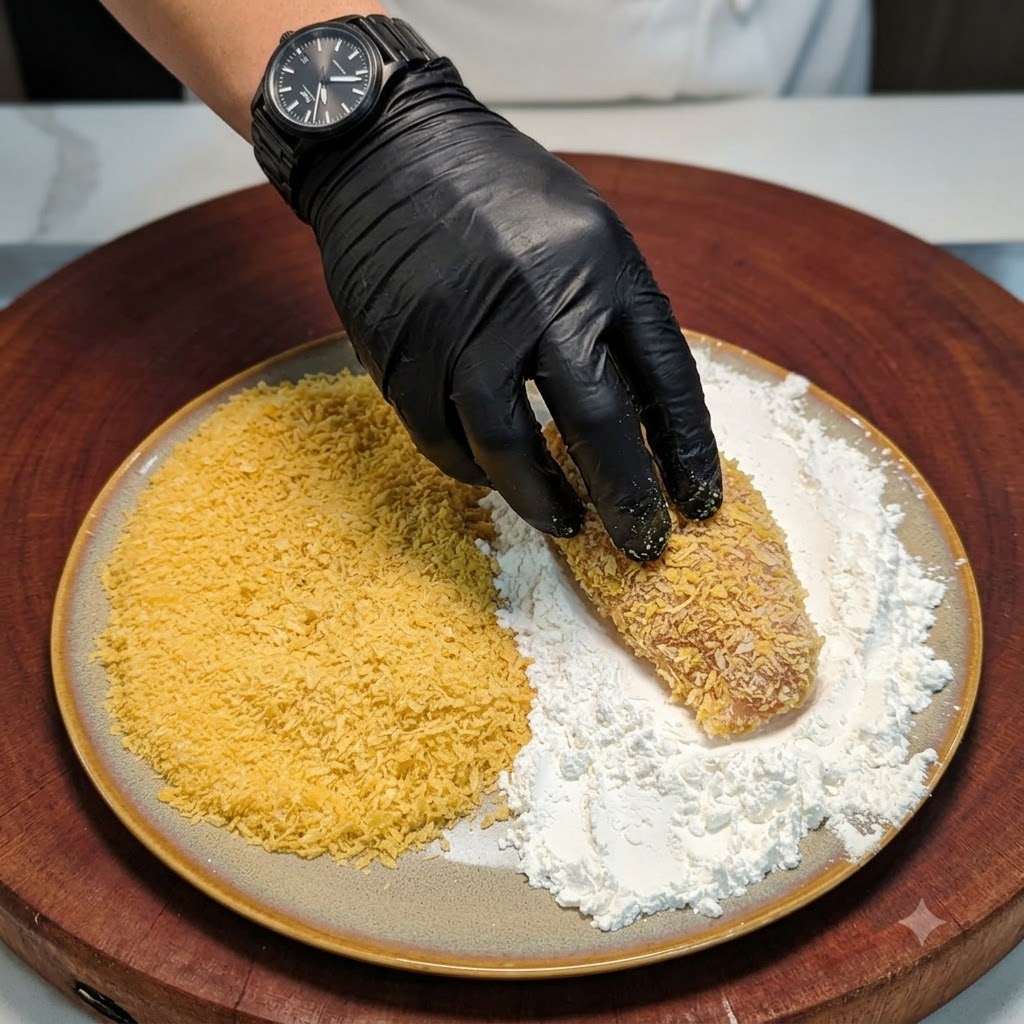 卵をくぐらせた鶏肉を、お皿の上のパン粉に押し当てている様子。