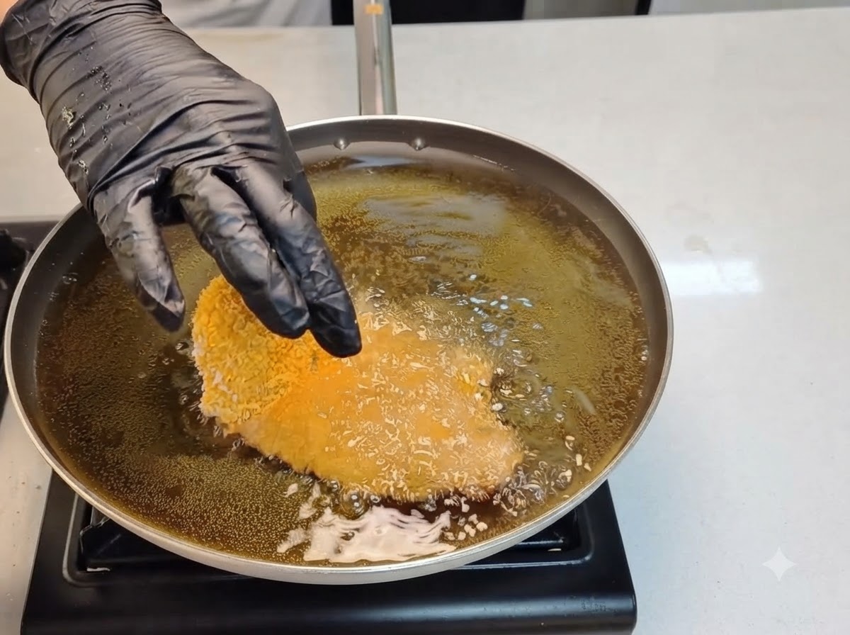 衣のついたチキンカツを、グツグツと煮え立つフライパンの熱油にゆっくりと入れている様子。