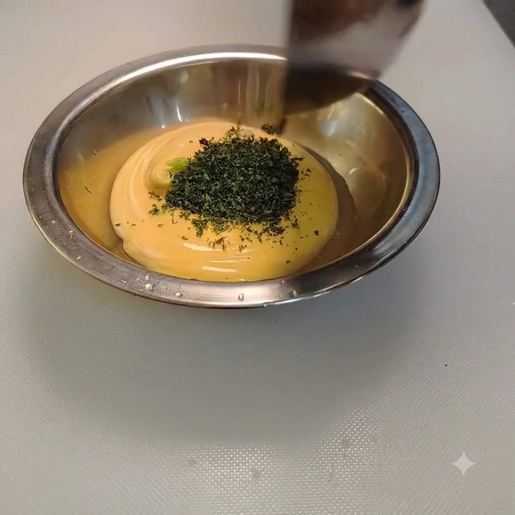 ボウルの中のソースに乾燥パセリを振りかけている様子。