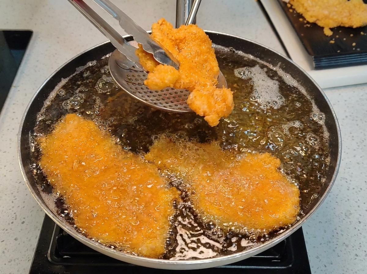 トングと網じゃくしを使って、熱い油の入ったフライパンからきつね色に揚がったチキンカツをすくい出している様子。