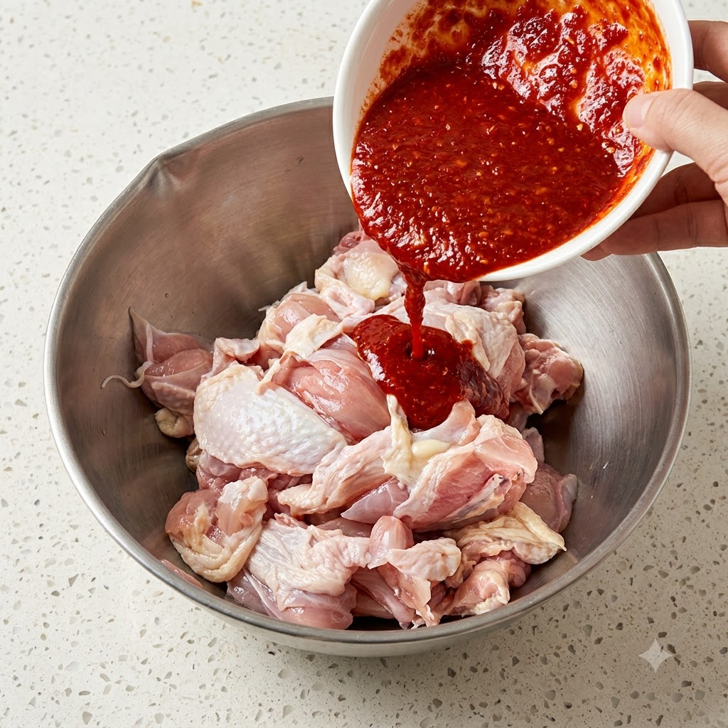 白いボウルから赤いタレが、生の鶏肉が入ったステンレス製のボウルに注がれている様子。