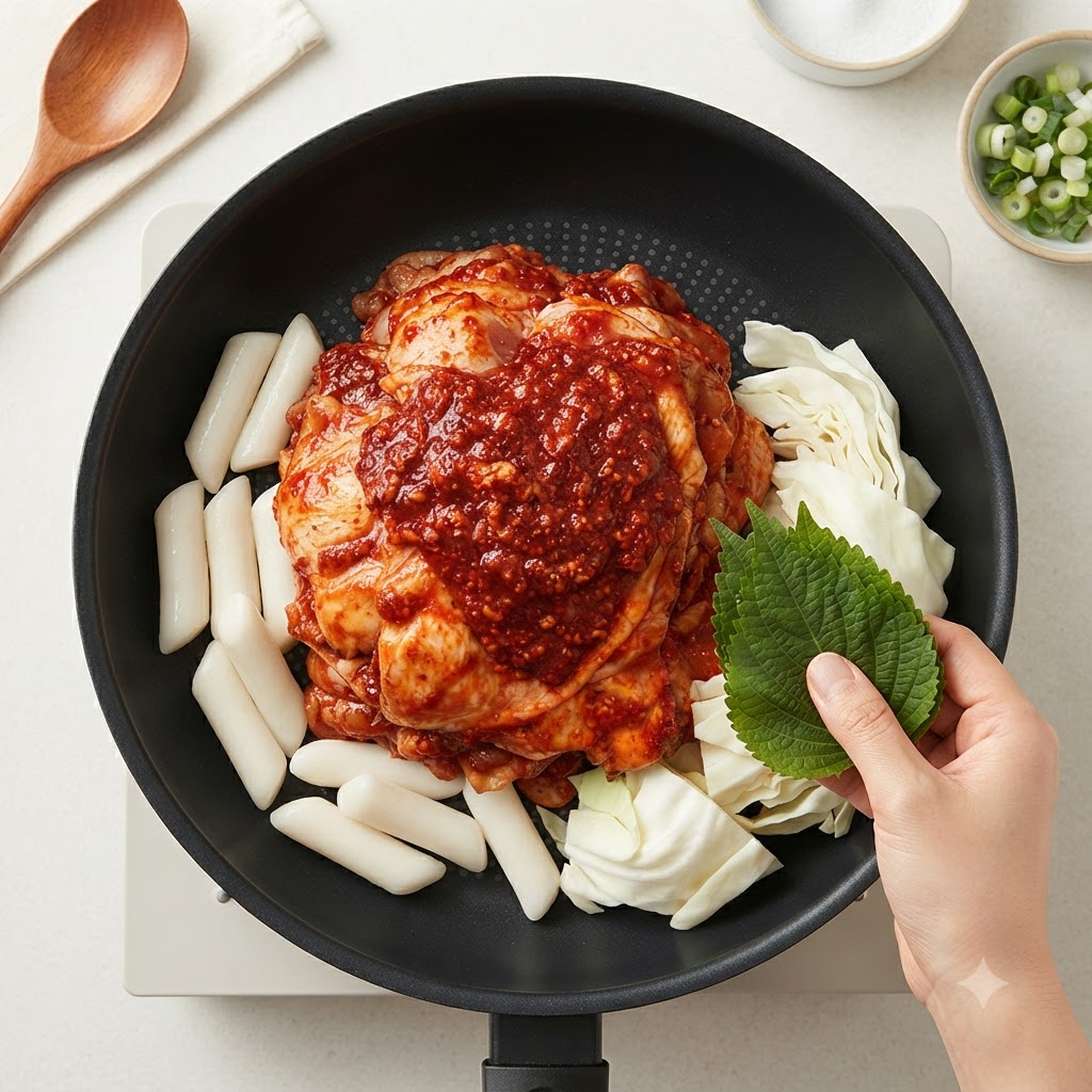 フライパンの中で、味付けされた鶏肉の周りを囲むように白いトッポギ、キャベツの葉、新鮮なハーブが円状に並べられている様子。