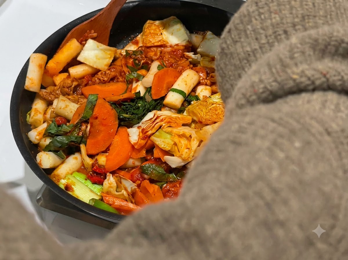 木べらが、赤いソースの中でグツグツと煮えている鶏肉、野菜、トッポギを混ぜ合わせている様子。