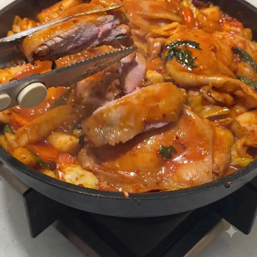 フライパンの中で、キッチンバサミが半分火の通った鶏肉の塊をチョキチョキと切っている様子。