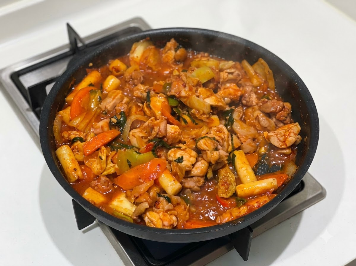 グツグツと煮える鶏肉と野菜の炒め物の上に、シュレッドしたモッツァレラチーズがパラパラとかけられている様子。