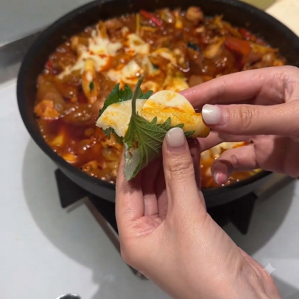 調理中のフライパンに残った赤いソースの中へ、炊いた白飯が加えられている様子。