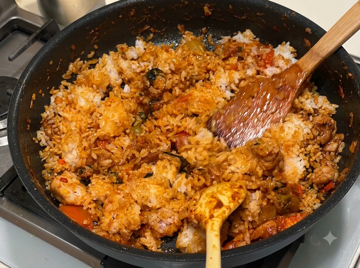 熱したフライパンの中で、木べらが白いご飯を鮮やかな赤色のピリ辛ソースに混ぜ込んでいる様子。