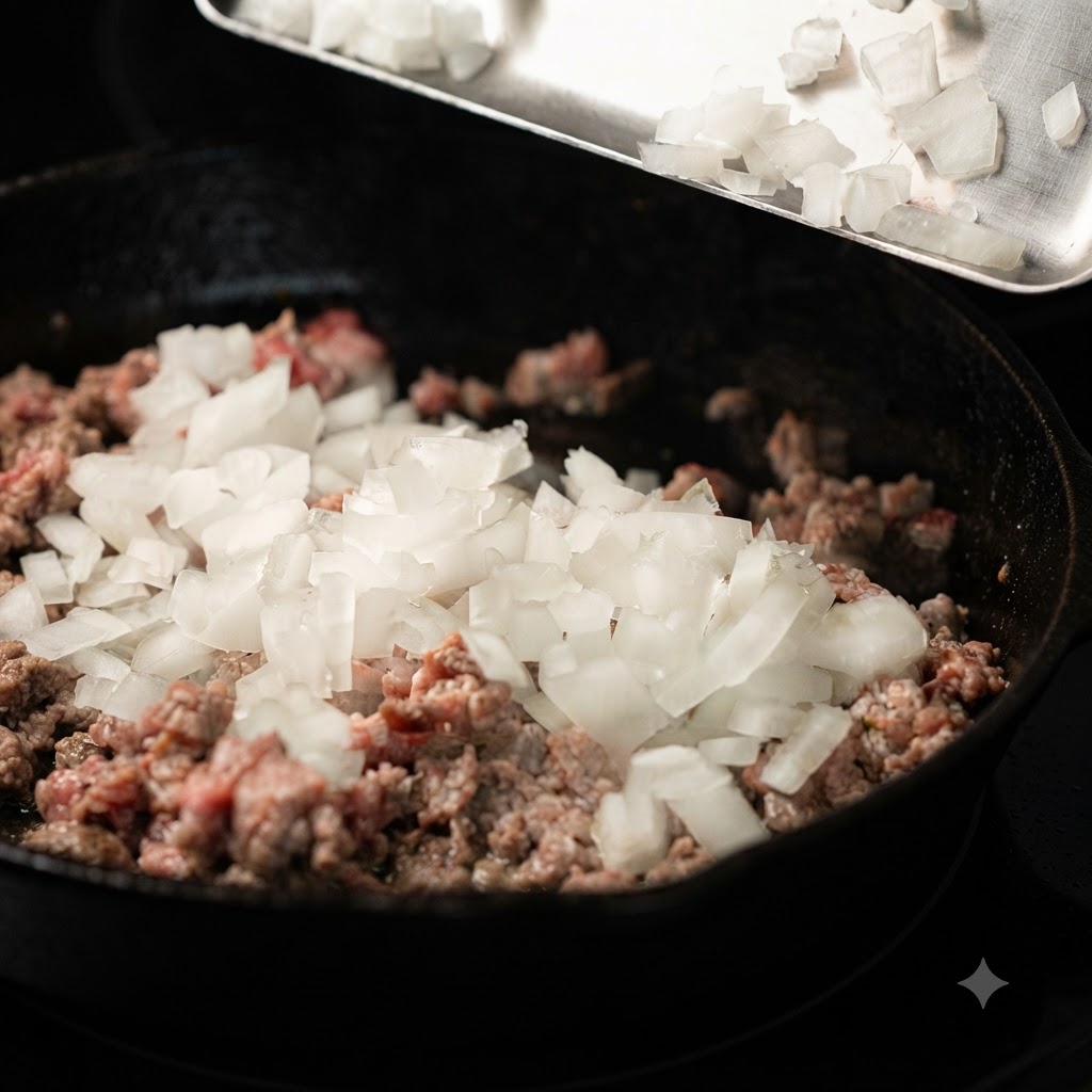 金属製のトレイから、調理済みのひき肉が入った鋳鉄製のフライパンに、刻んだ白い玉ねぎが落とされる様子。
