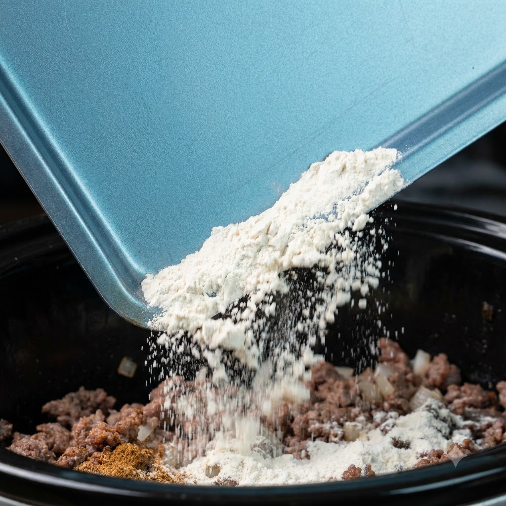 青いトレイから、調理器具の中にある肉と玉ねぎの混合物に乾燥した小麦粉とパウダースパイスが振りかけられている様子。