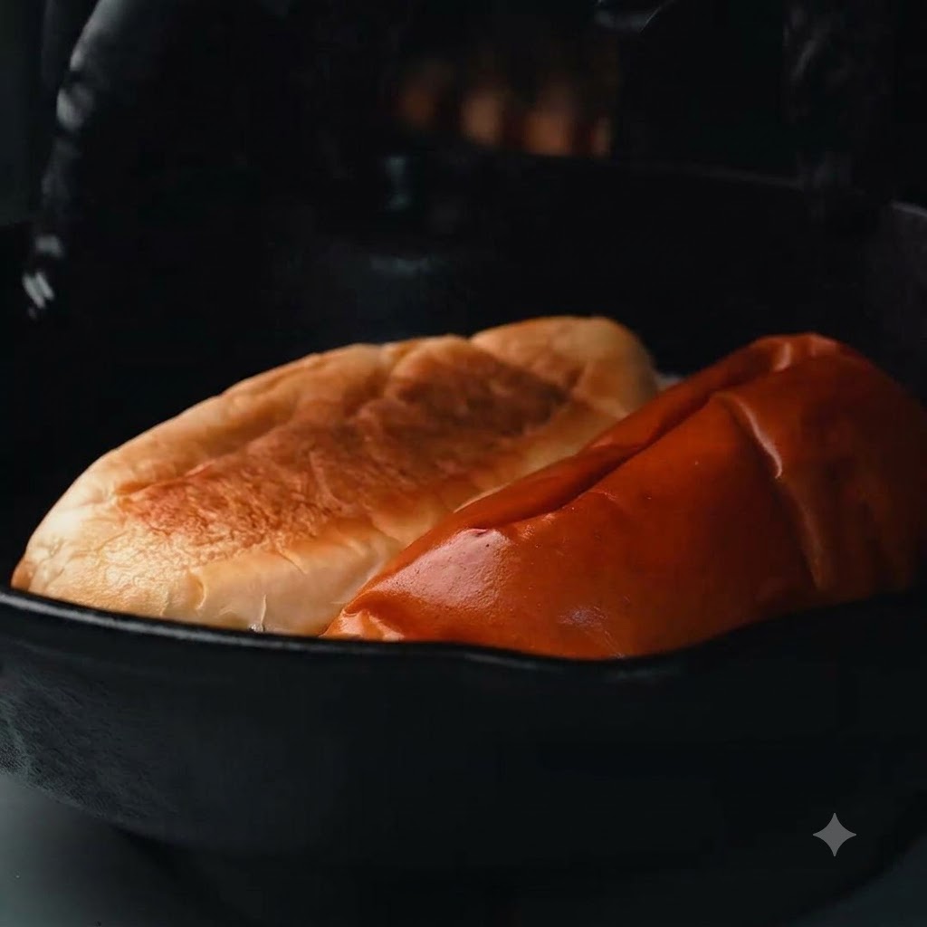 色の濃い鋳鉄製のスキレットの中でトーストされている、こんがりときつね色になった切り口が見えるパンロールの2つの半分。