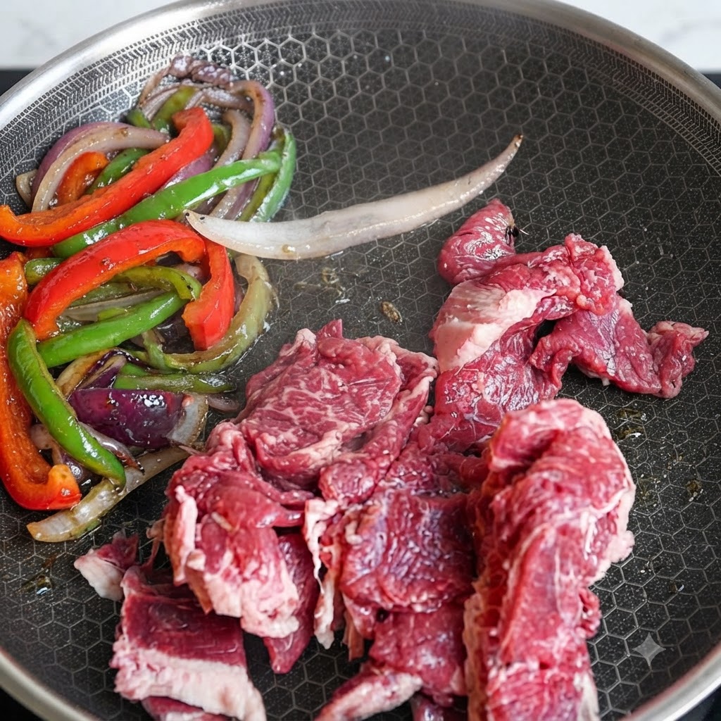 フライパンの中で炒めたピーマンと玉ねぎの隣に生肉の牛肉のピースが置かれている様子。