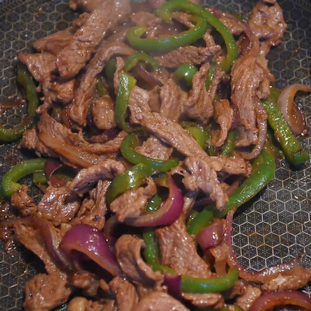 フライパンの中の四角形にまとまった調理済みの牛肉とピーマンの上に、黄色いチーズのスライスが溶けて覆っている様子。