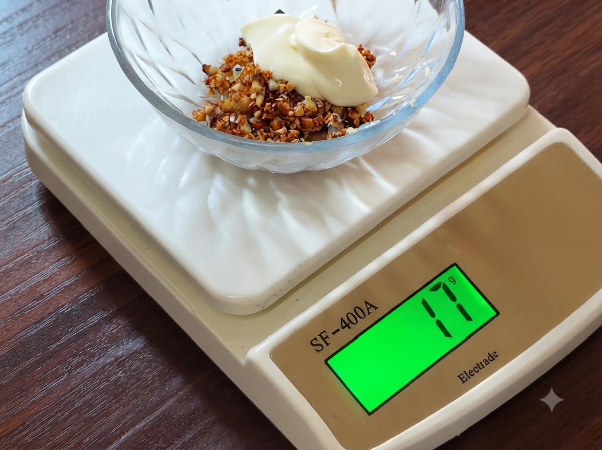 キッチンスケールに載せたガラスボウルの中の炒めニンニクの上に、白いマヨネーズを絞り出しているところ。