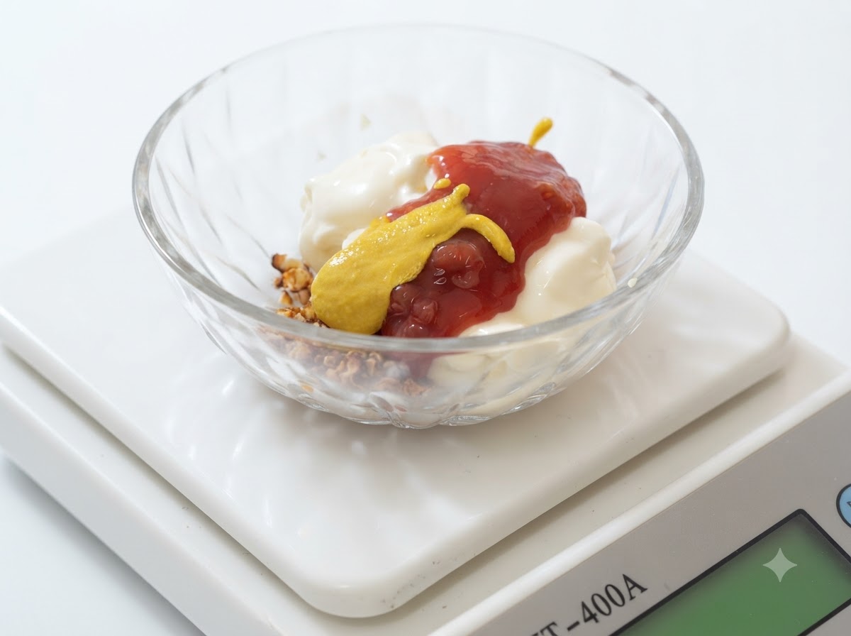 ガラスボウル内の材料の上に、鮮やかな黄色のマスタードソースを直線状にかけたところ。