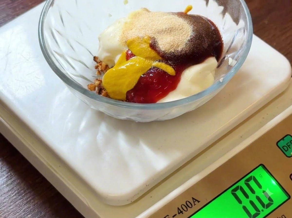 スケールに載ったガラスボウルの中のソースの材料に、チリパウダーとガーリックパウダーを振りかけているクローズアップ。