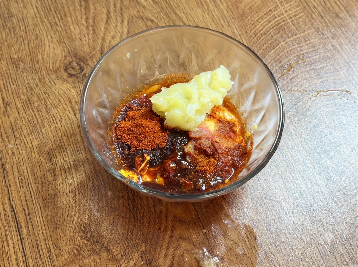 混ぜ合わせたソースの材料が入ったガラスボウルの中央に、スプーン一杯のレモンフルーツピューレを乗せたところ。