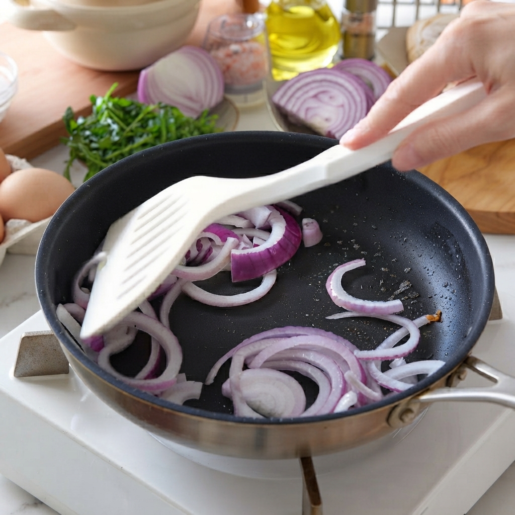 油をひいたフライパンでスライスした赤玉ねぎを炒めている様子。