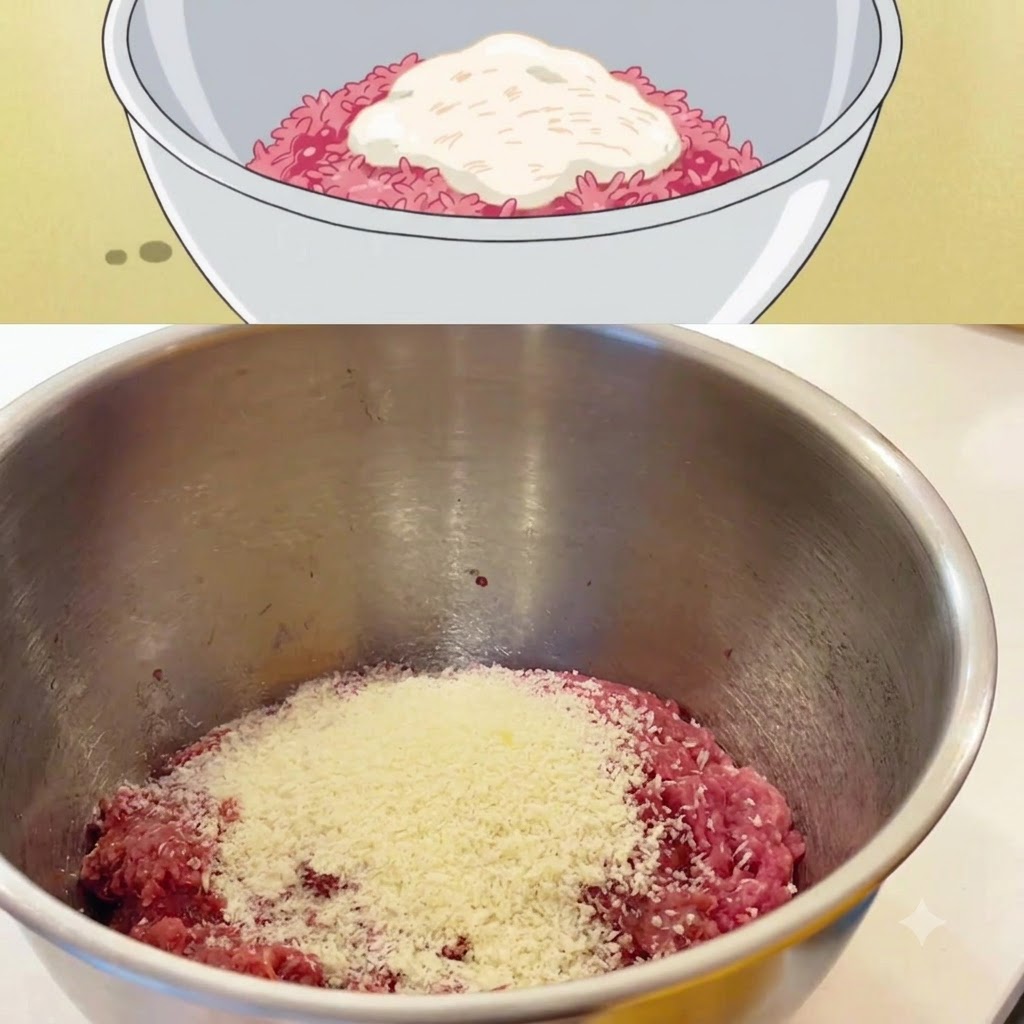 金属製のボウルの中で、ミンチ肉とパン粉の混合物の上に割った生卵が乗っている様子。