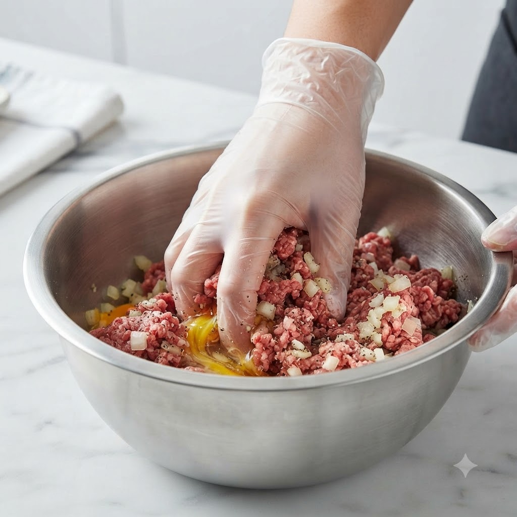 透明なプラスチック手袋をつけた手が、大きなスチール製ボウルの中でミンチ肉、玉ねぎ、調味料をしっかりと混ぜ合わせている様子。
