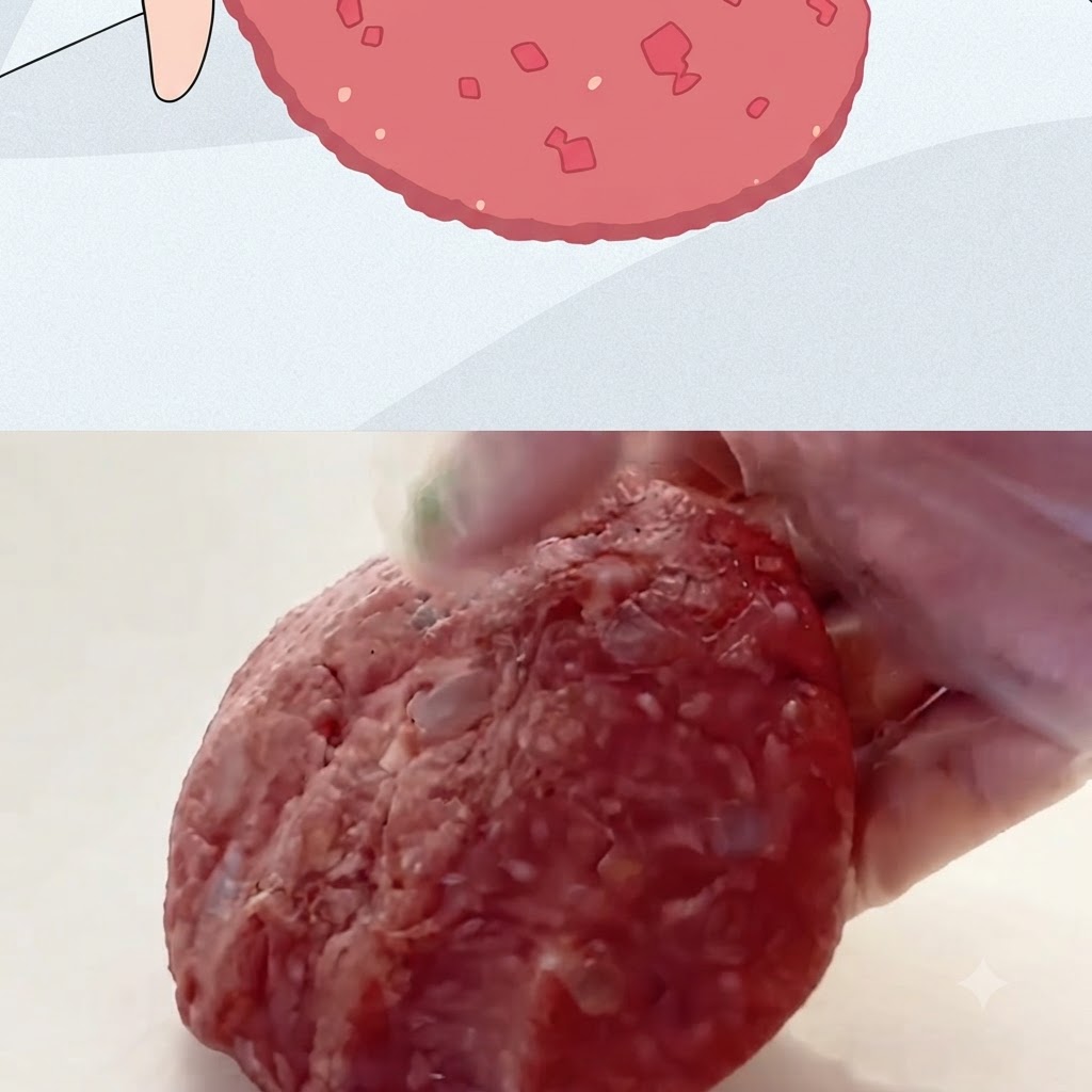 手袋をした手が、調理用に成形された大きく厚みのある丸い生の肉パティを持ち上げている様子。